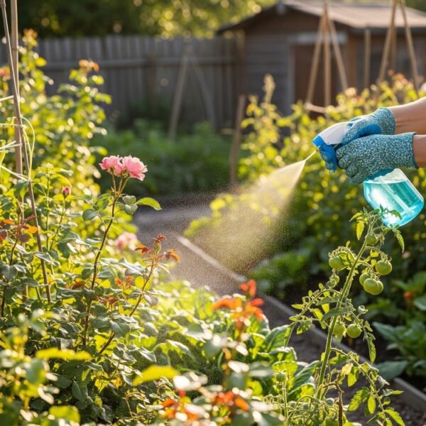Jabón en rosales Aplicación de jabón potásico en plantas de jardín con fumigador