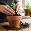 Sembrar Sembrar planta con tierra preparada en maceta de barro