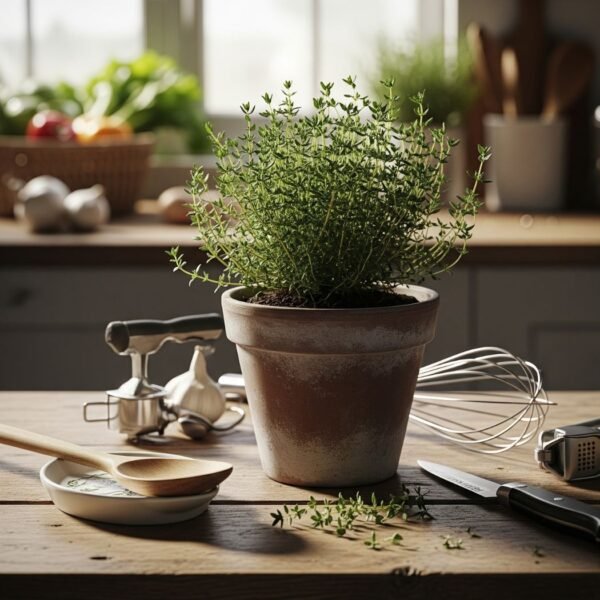 Tomillo en maceta de barro, hierbas de olor en tuc ocina