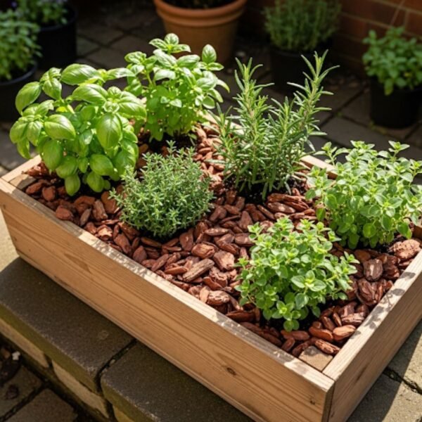 corteza acolchado Acolchado de hierbas aormáticas en el huerto en casa con corteza de pino