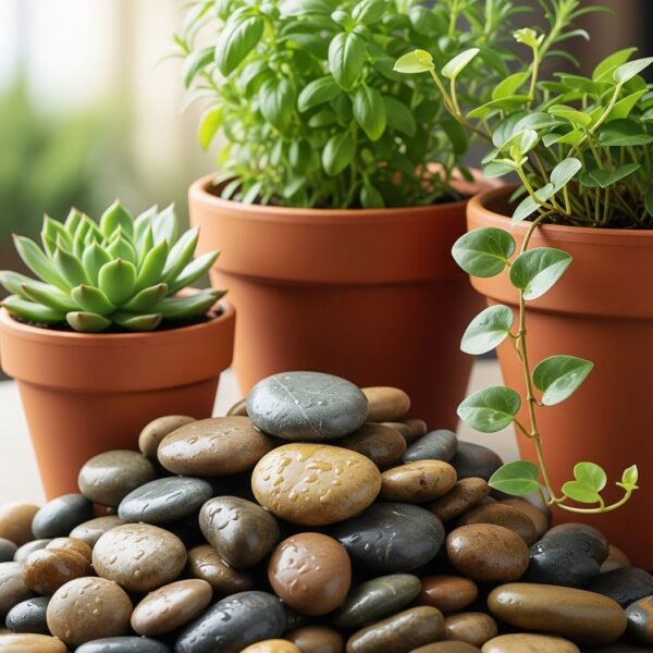 Piedras piñón 3 Piedras de río piñón y macetas