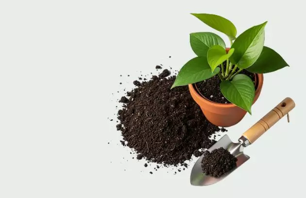 Maceta, planta, herramientas de mano y tierra para jardinería