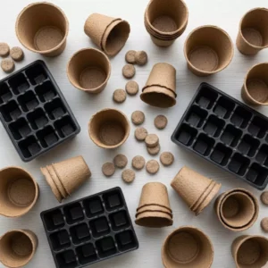 Charolas germinadoras, peat pellets y macetas biodegradables