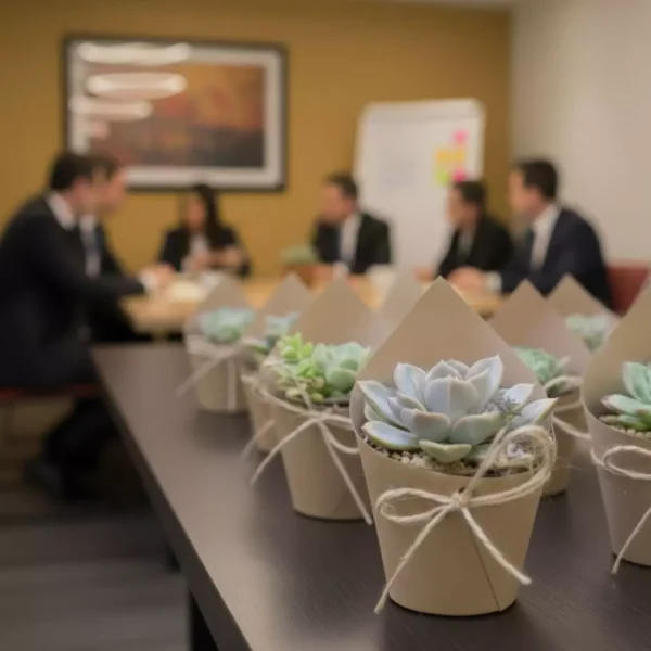 Giveaway evento empresarial suculentas Plantas suculentas envueltas en papel ecológico para eventos corporativos y empresariales