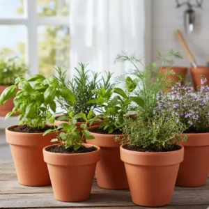 Plantas aromáticas y hierbas de olor en maceta de barro