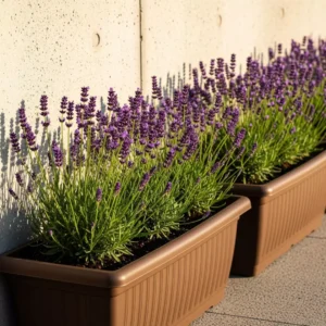 Lavandas en jardinera junto a una pared