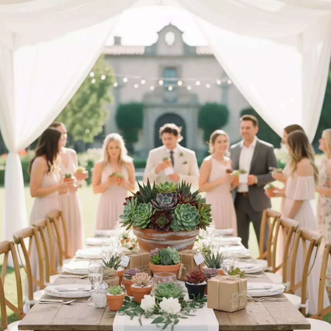 Recuerdos ecológicos con suculentas de Vinde garden center para boda en CDMX