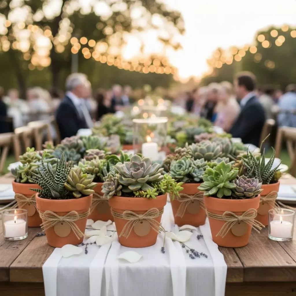 Plantas suculentas en macetas de barro en una boda. Recuerdos de Vinde garden center