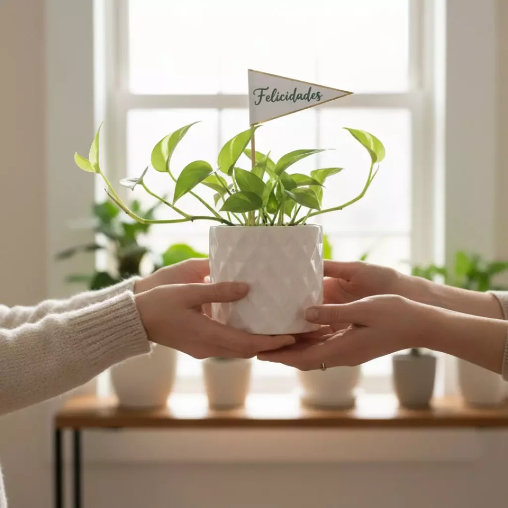 Persona regalando planta en maceta vidriada