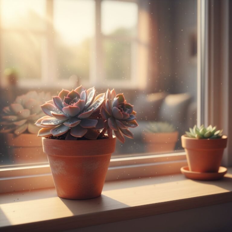 Suculenta en maceta de barro junto a una ventana