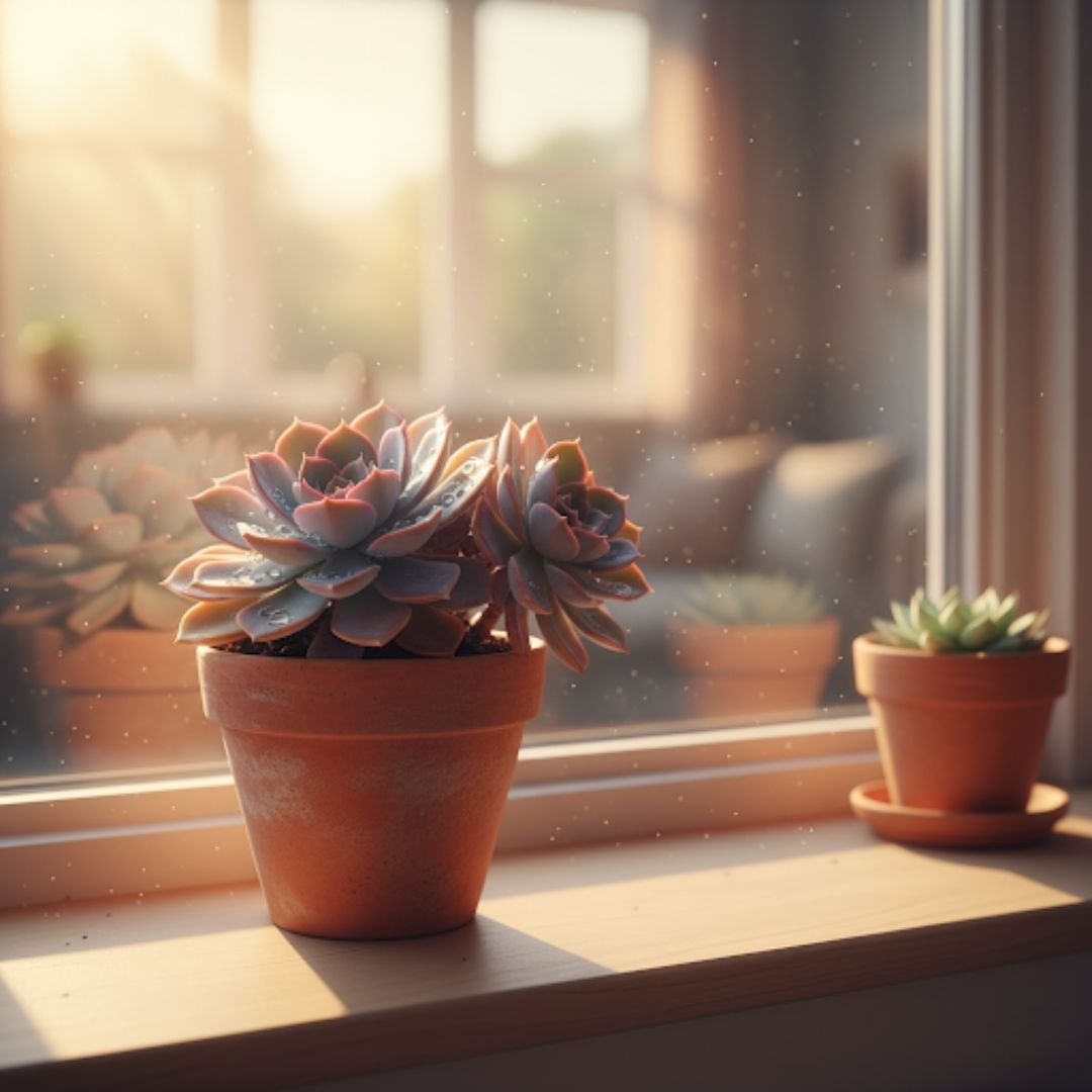 Suculenta en maceta de barro junto a una ventana