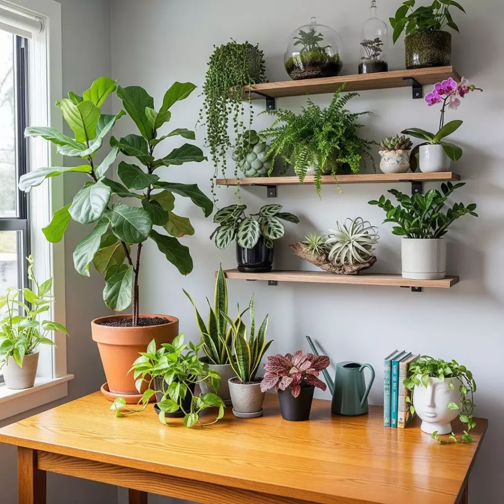Plantas de interior en una mesa y repisas