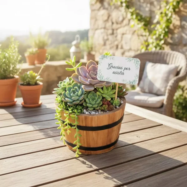 Suculentas para restaurantes CDMX Arreglo de plantas suculentas en maceta de madera