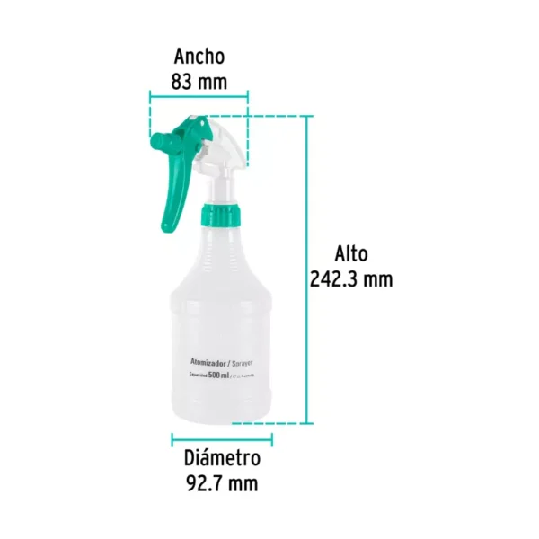 Atomizador 500ml dimensiones Atomizador klintek. Atomizador para regar plantas, asperjar follaje, limpiar hojas, aplicar insecticidas o fungicidas