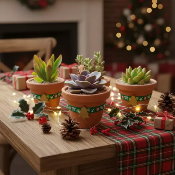 Regalos ecológicos. Suculentas en maceta de barro con toque navideño. CDMX