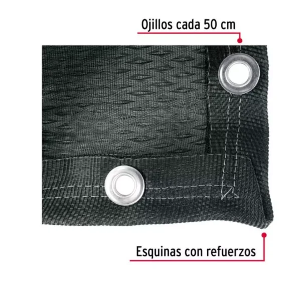MAllasombra CDMX Mallasombra Fiero, 4 tamaños distintos. Reducción del 80% de la luz solar directa y protege eficazmente contra los rayos ultravioleta. Permite el paso del aire y del agua, manteniendo un ambiente más fresco y evitando acumulaciones indeseadas. Orilla doble costura, ojillos perimetrales colocados cada 50 cm para fácil instalación