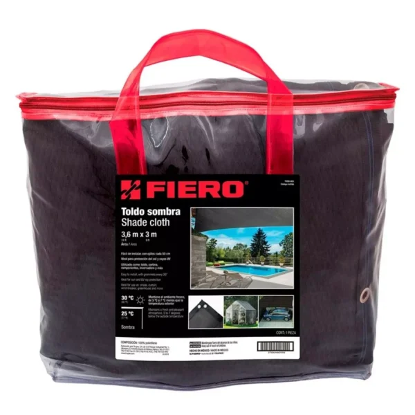 Mallasombra Fiero Mallasombra Fiero, 4 tamaños distintos. Reducción del 80% de la luz solar directa y protege eficazmente contra los rayos ultravioleta. Permite el paso del aire y del agua, manteniendo un ambiente más fresco y evitando acumulaciones indeseadas. Orilla doble costura, ojillos perimetrales colocados cada 50 cm para fácil instalación
