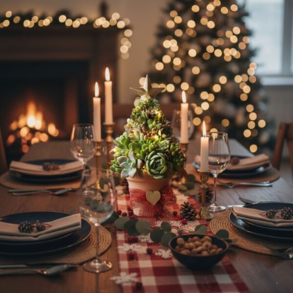 Árbol de navidad de suculentas en maceta de barro. Recuerdos ecológicos navideños. Árbol de navidad de suculentas, suculentas y nochebuenas para eventos sociales, familiares y empresariales