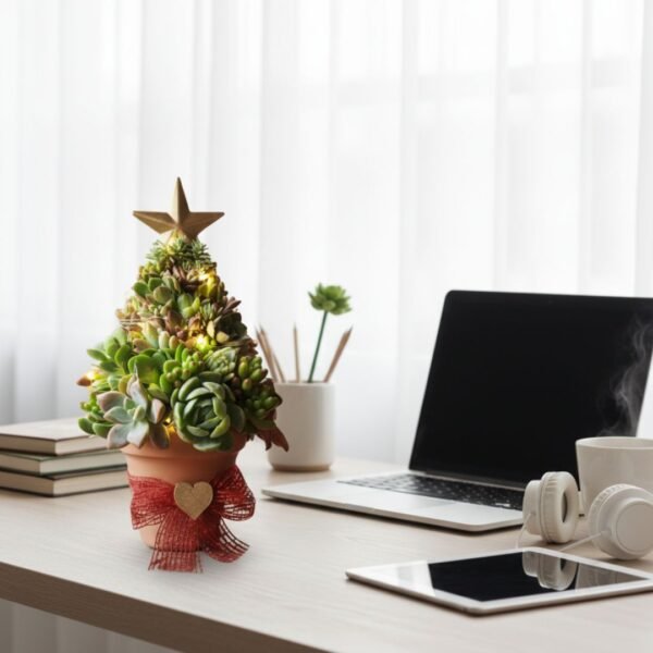 Árbol de navidad de suculentas en maceta de barro. Recuerdos ecológicos navideños. Árbol de navidad de suculentas, suculentas y nochebuenas para eventos sociales, familiares y empresariales