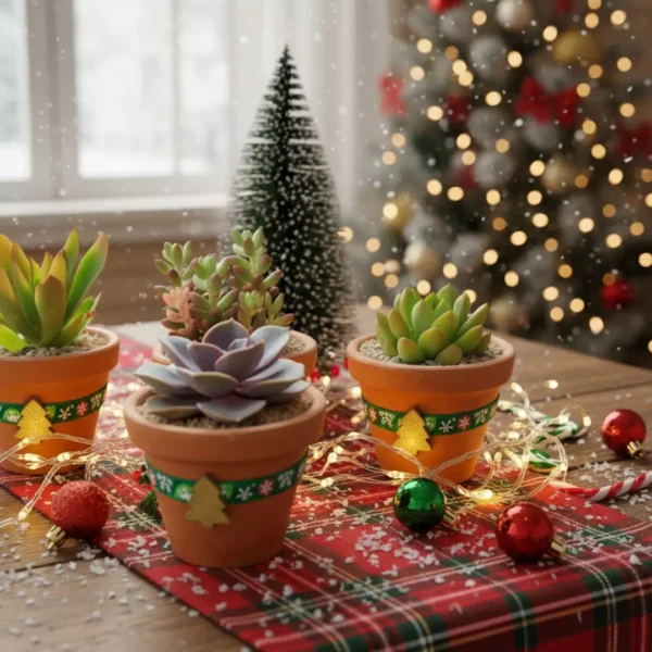 Regalos ecológicos. Suculentas en maceta de barro con toque navideño. CDMX