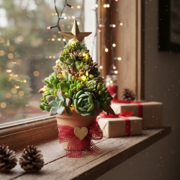 Árbol de navidad de suculentas en maceta de barro. Recuerdos ecológicos navideños. Árbol de navidad de suculentas, suculentas y nochebuenas para eventos sociales, familiares y empresariales