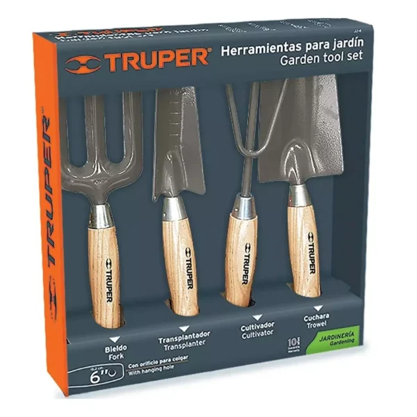 Herramientas de mano en caja Juego de herramientas de mano para jardinería y huerto 4 piezas Truper. Pala de mano, pala delgada, trasplantador, bieldo y rastrillo o cultivador