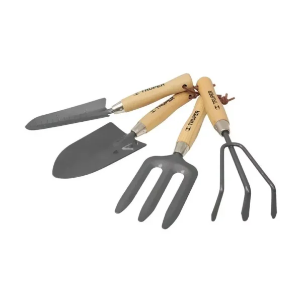 Herramientas de mano huerto Juego de herramientas de mano para jardinería y huerto 4 piezas Truper. Pala de mano, pala delgada, trasplantador, bieldo y rastrillo o cultivador