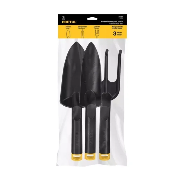 Herramientas jardín y huerto Juego de herramientas de mano para jardinería y huerto 3 piezas Pretul. Pala de mano, pala delgada, trasplantador y rastrillo o cultivador