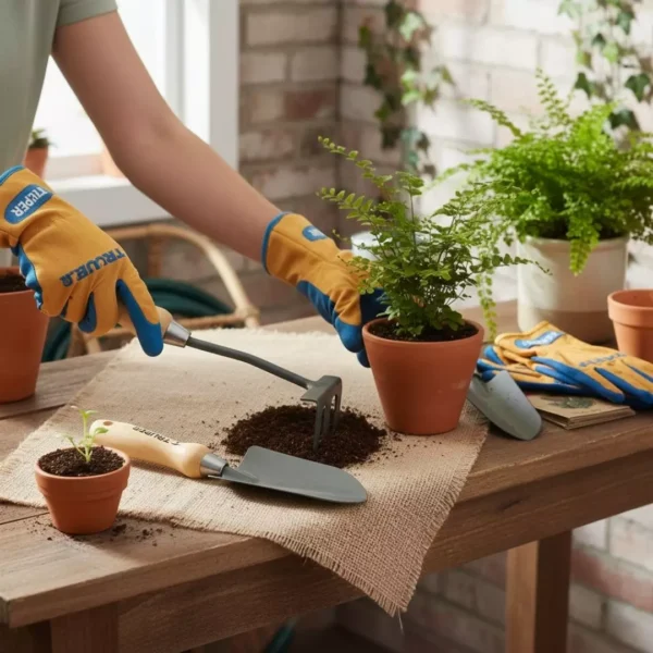 Juego de herramientas de mano jardinería Juego de herramientas de mano para jardinería y huerto 4 piezas Truper. Pala de mano, pala delgada, trasplantador, bieldo y rastrillo o cultivador