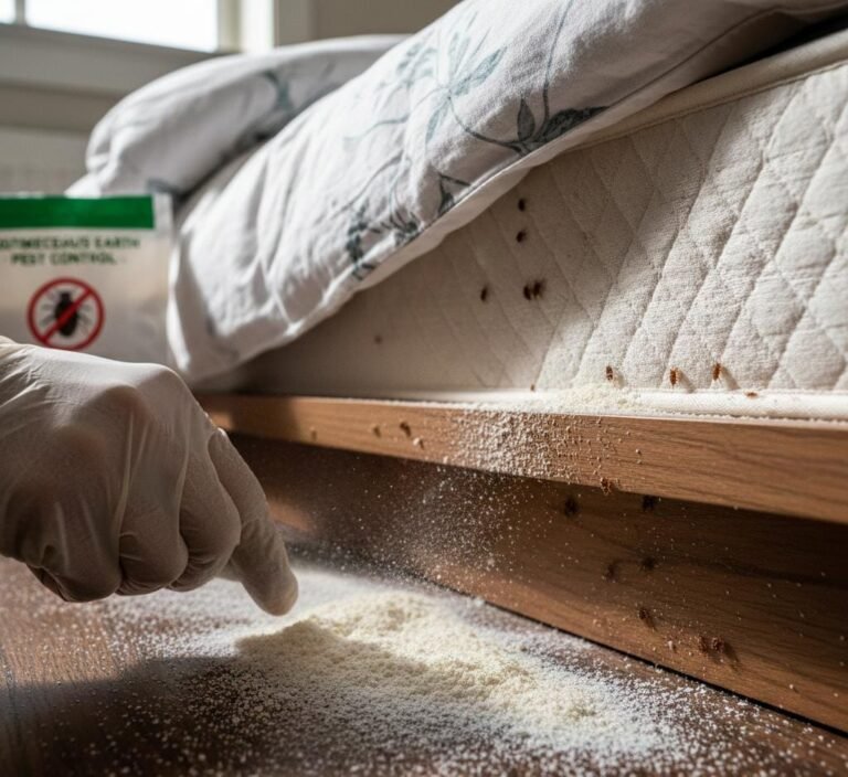 Aplicando tierra de diatomeas para chinches de cama